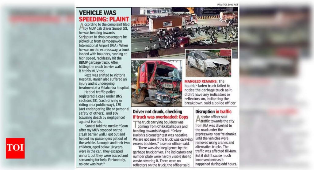 Boulder-laden truck crushes garbage vehicle, SUV on elevated expressway in Bengaluru; 1 dies, 2 injured