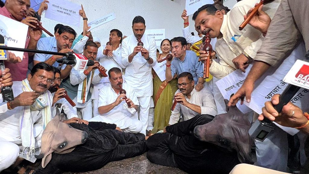 Congress MLAs play flute before ‘buffalo’ in unique protest at M.P. Assembly; Speaker asks ministers to give direct answers
