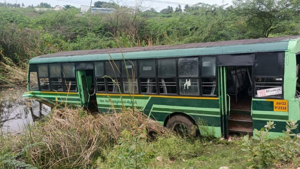 **TNSTC Bus Skids Off Highway, Injuring Crew and Commuters**