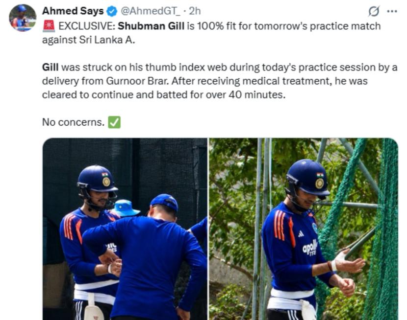 Shubman Gill hit twice on hand during Colombo training