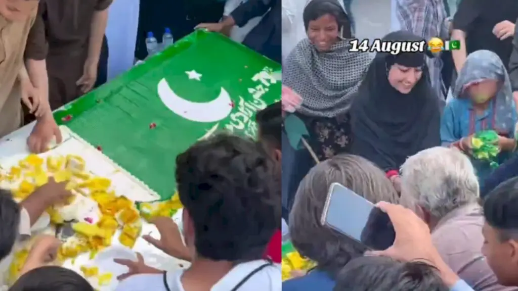 Pakistani crowd seen looting cake at Independence Day celebration