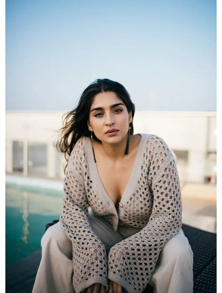 Yukti Thareja Poses in Grey Cardigan and Beige Trousers