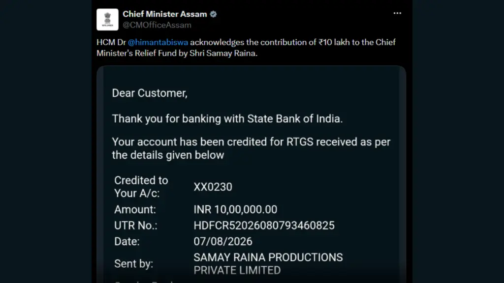 Samay Raina donates Rs 10 lakh for Assam floods, CM Sarma says thanks