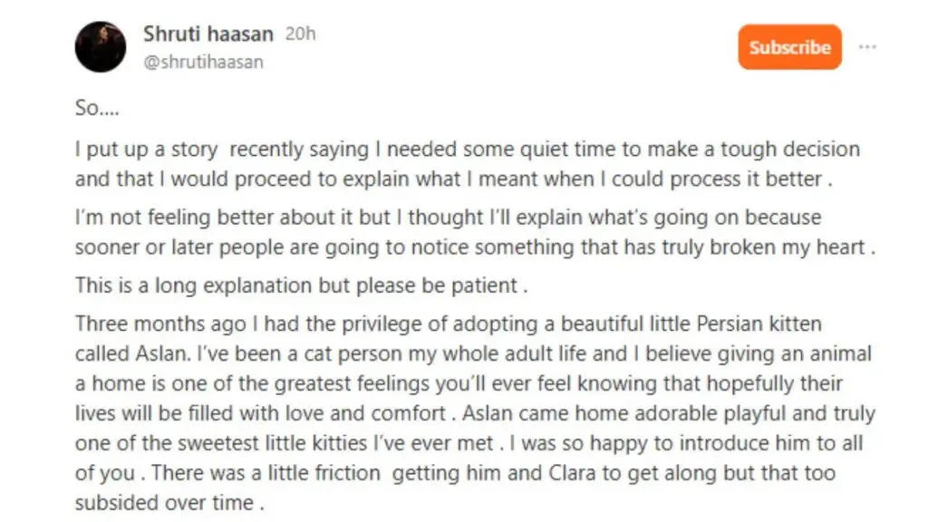 Shruti Haasan gives up pet cat after severe allergic reaction