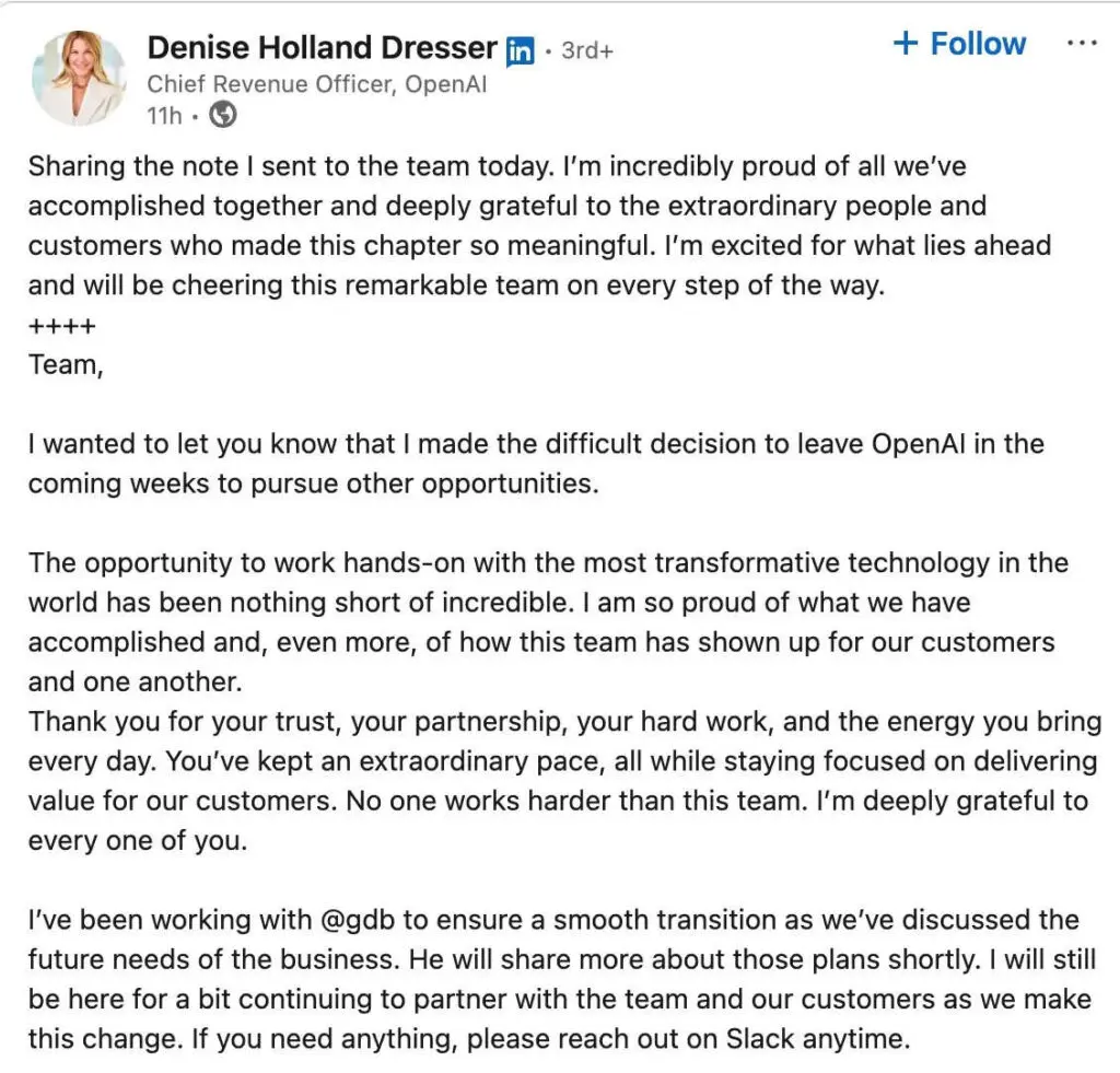OpenAI revenue chief Denise Dresser leaves, second senior exit in days