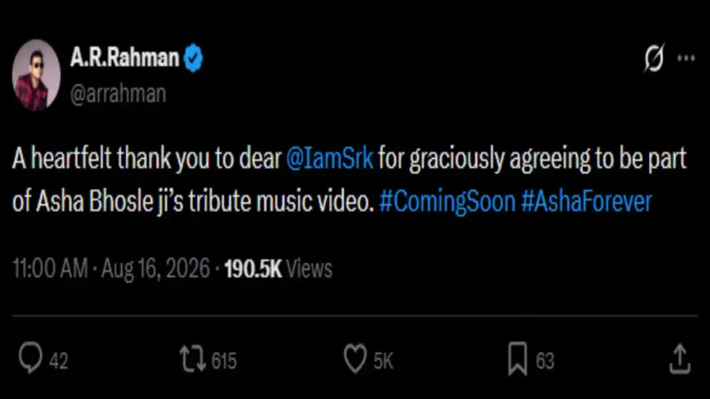 Shah Rukh Khan to appear in AR Rahman's Asha Bhosle tribute video