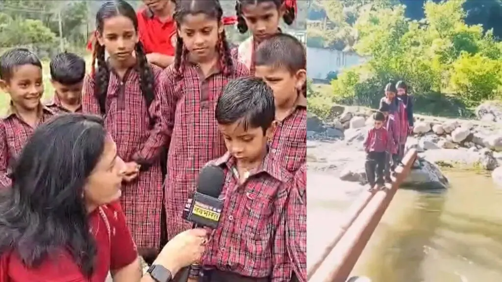 Solan students cross swollen khad on iron pipes to reach school