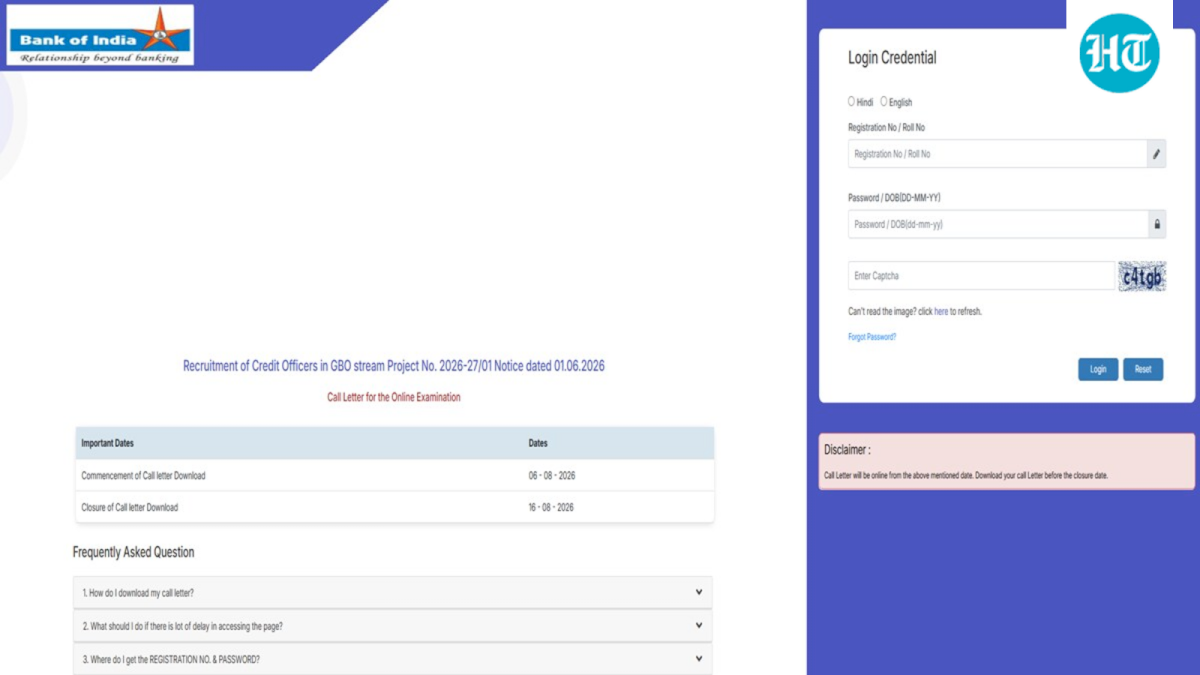 Bank of India releases 2026 Credit Officer admit card for 779 posts