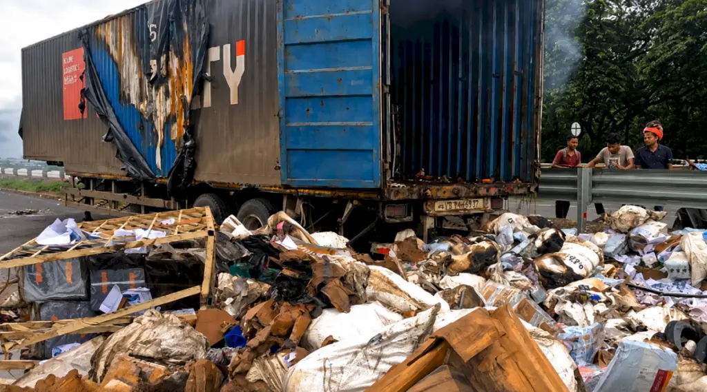 Parcel Truck Gutted by Fire Near Markona Bazar in Odisha