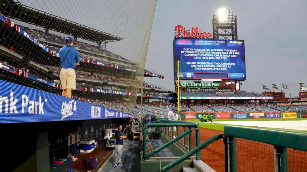 Storm delays Phillies vs Jays, Utley ceremony at Citizens Bank Park