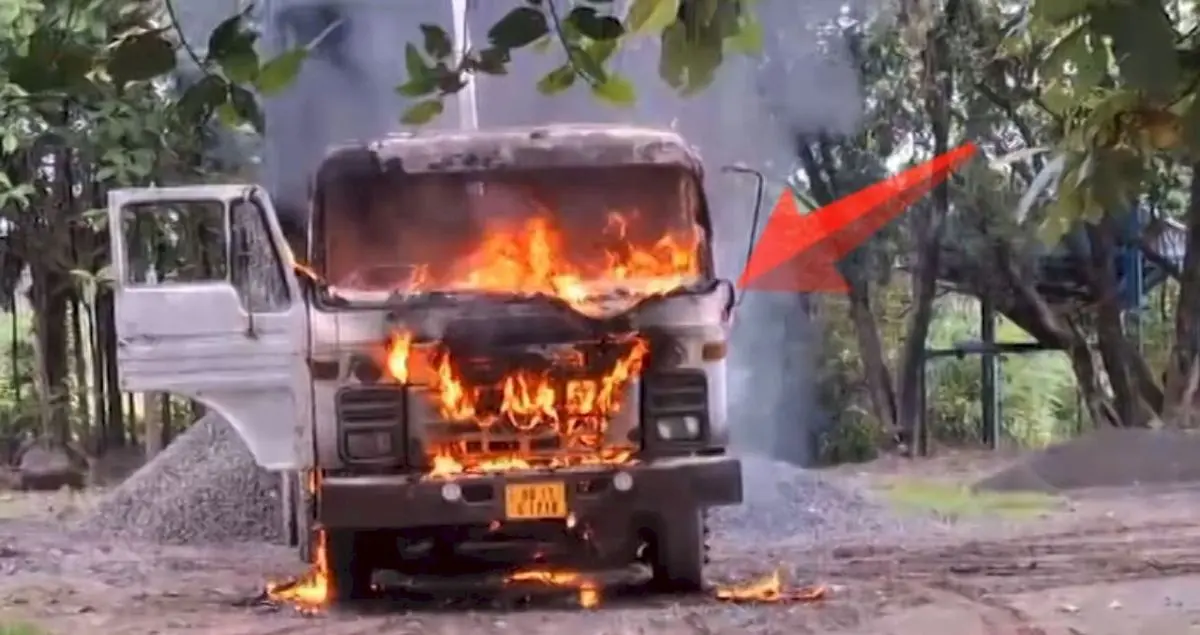 Hyva truck catches fire after hitting live wire in Odisha