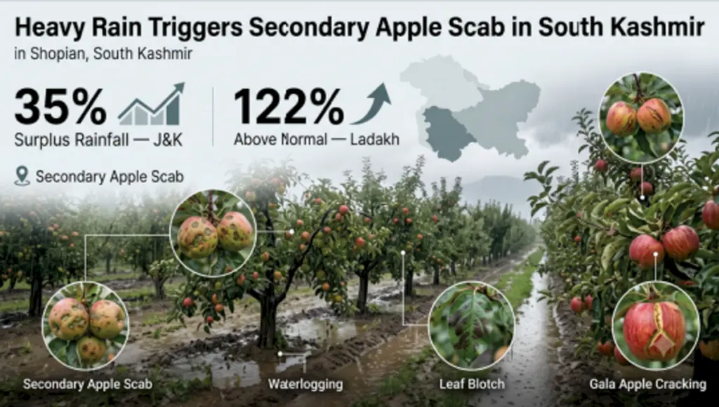 Continuous rains trigger secondary apple scab in Shopian