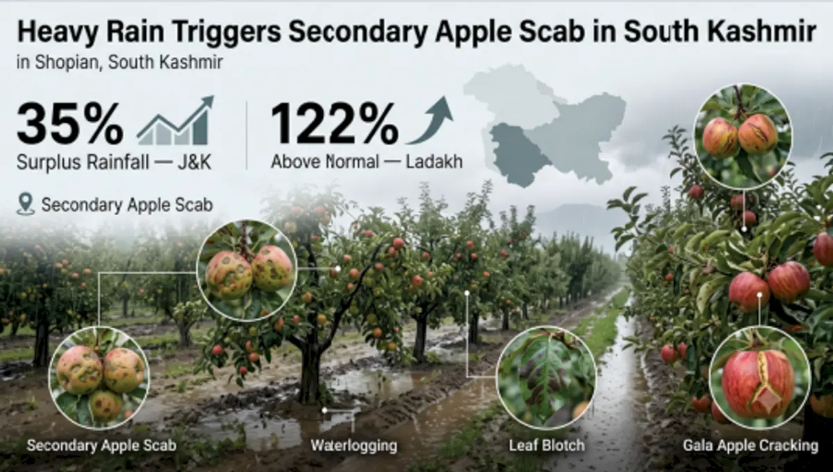 Continuous rains trigger secondary apple scab in Shopian