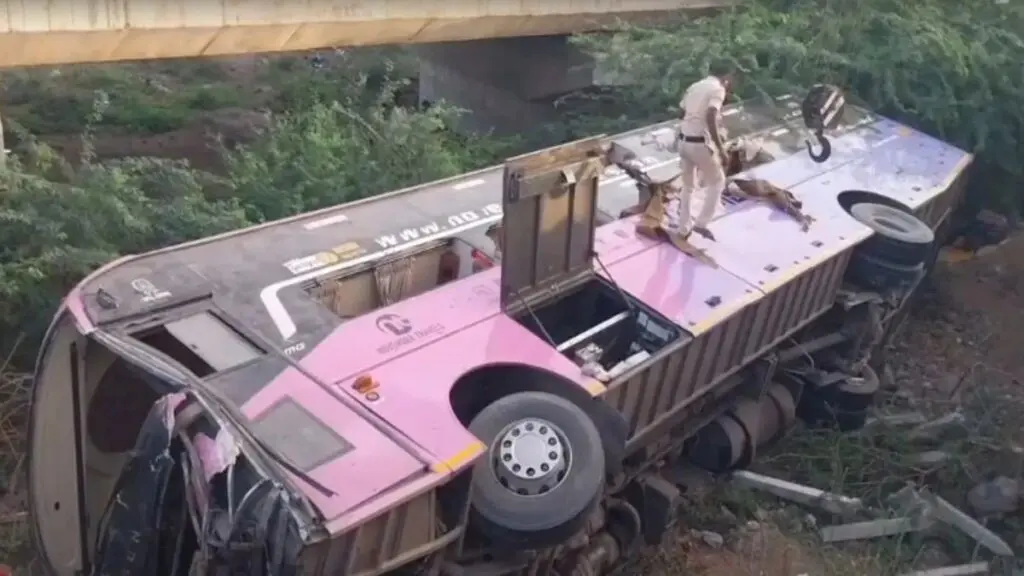 40 hurt as Volvo bus falls off Andhra bridge after hitting truck