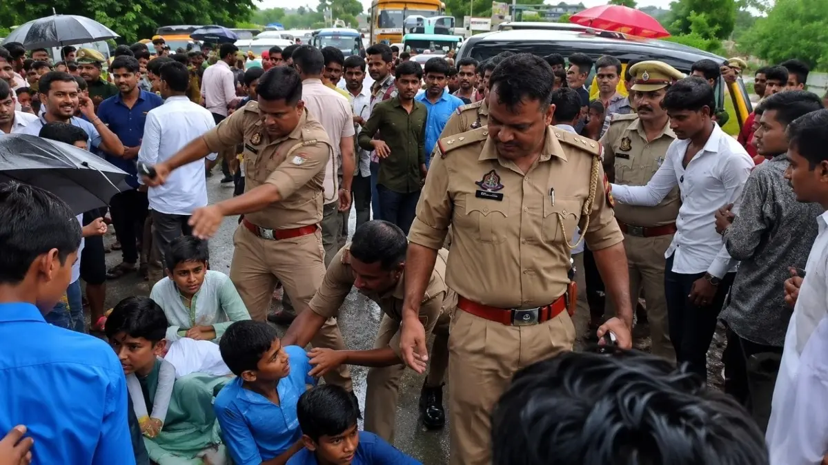 Mahoba police drag schoolchildren protesting bad roads