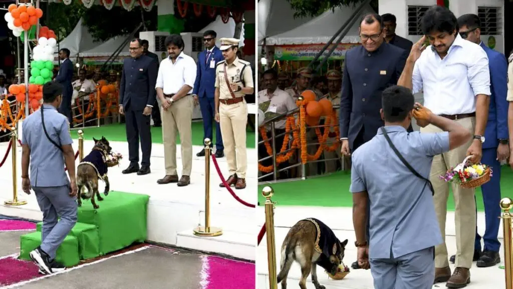 Pawan Kalyan Laughs After Police Dog Presents Gift in Kakinada