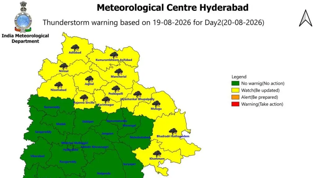 Thunderstorm forecast for 13 Telangana districts on August 20