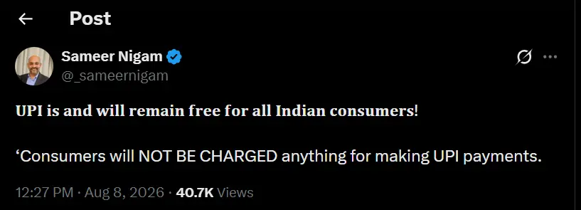 PhonePe CEO assures UPI will stay free for consumers after bill stirs fee fears