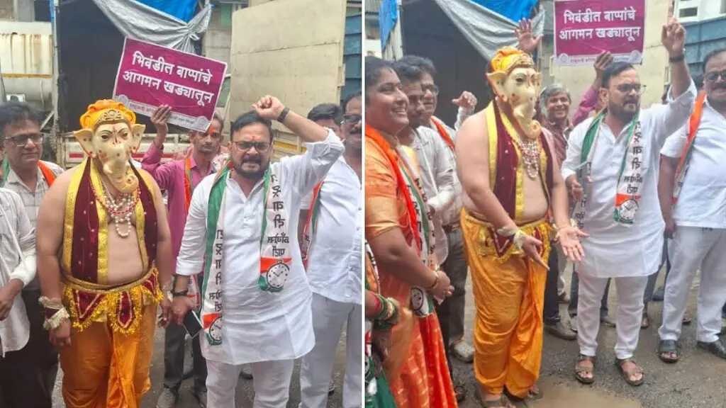 Bhiwandi NCP places Ganpati replica in potholes to protest poor roads