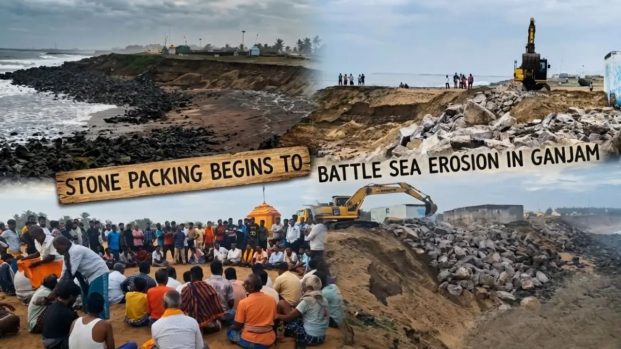 Stone-packing begins in Ganjam's Aryapalli after coastal erosion threat
