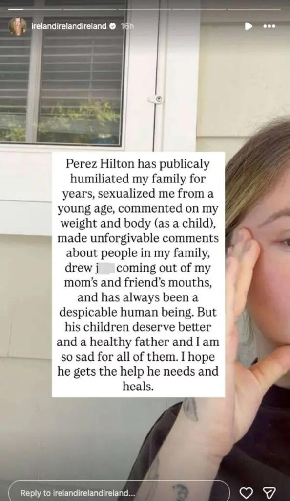 Ireland Baldwin slams Perez Hilton after his hospitalisation