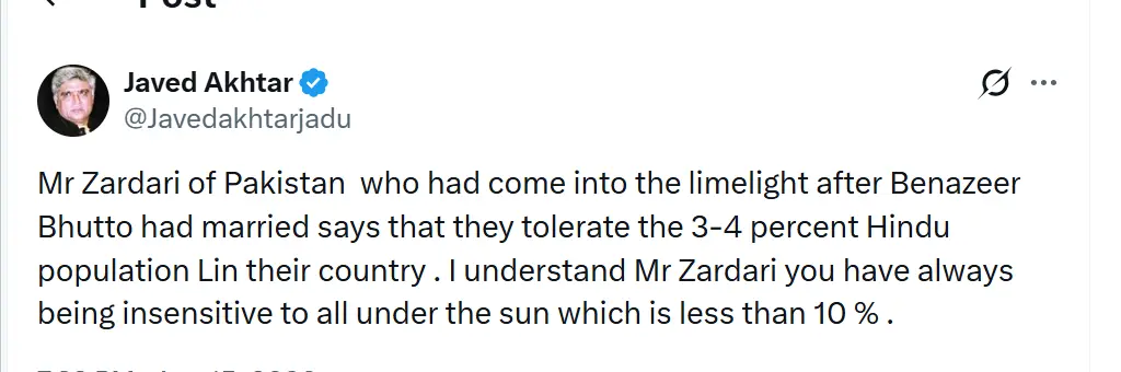 Javed Akhtar slams Zardari over ‘tolerate Hindus’ remark
