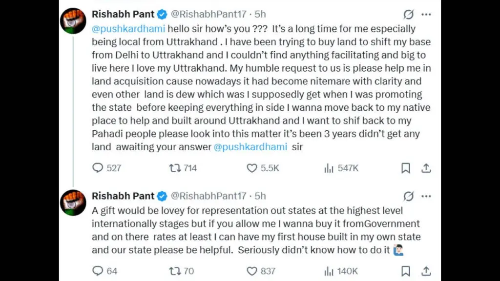 Rishabh Pant appeals to CM Dhami for land to build home in Uttarakhand