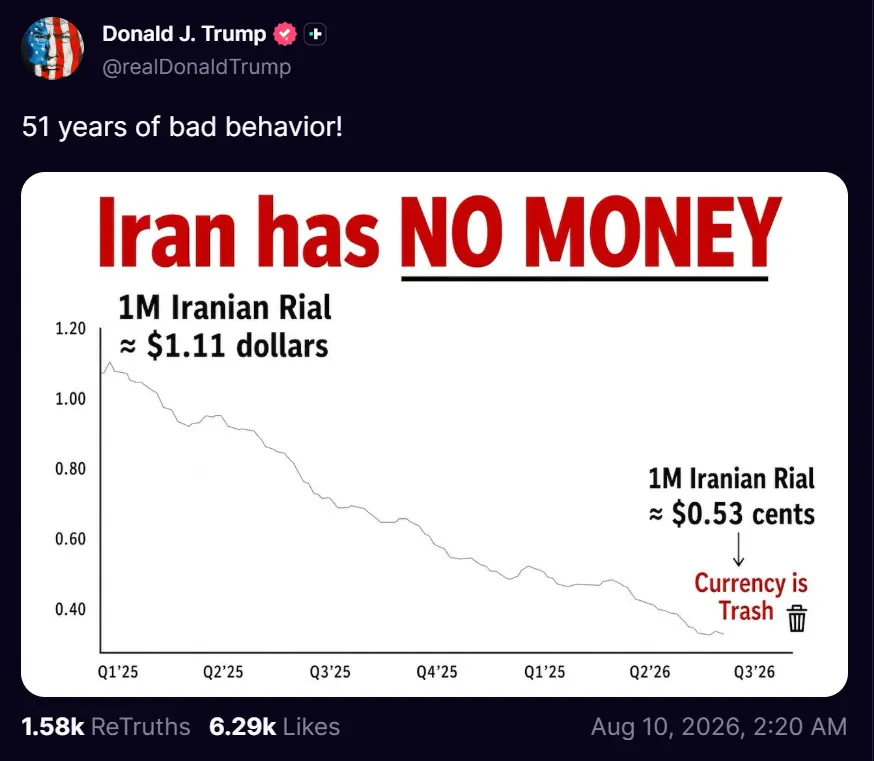 Trump says Iran's currency trash after 51 years of bad behaviour