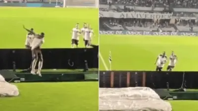 Coritiba defender falls into tunnel after goal ruled offside