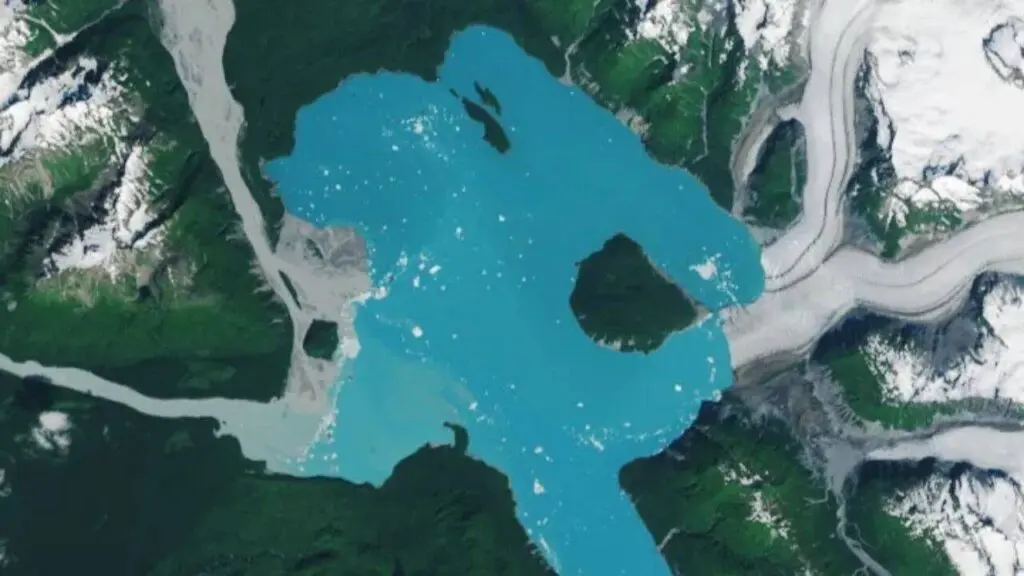 Glacier retreat creates new island in Alaska’s Alsek Lake
