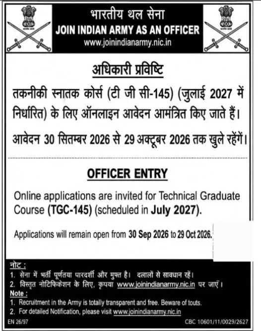 Indian Army TGC 145 notification out, apply from September 30