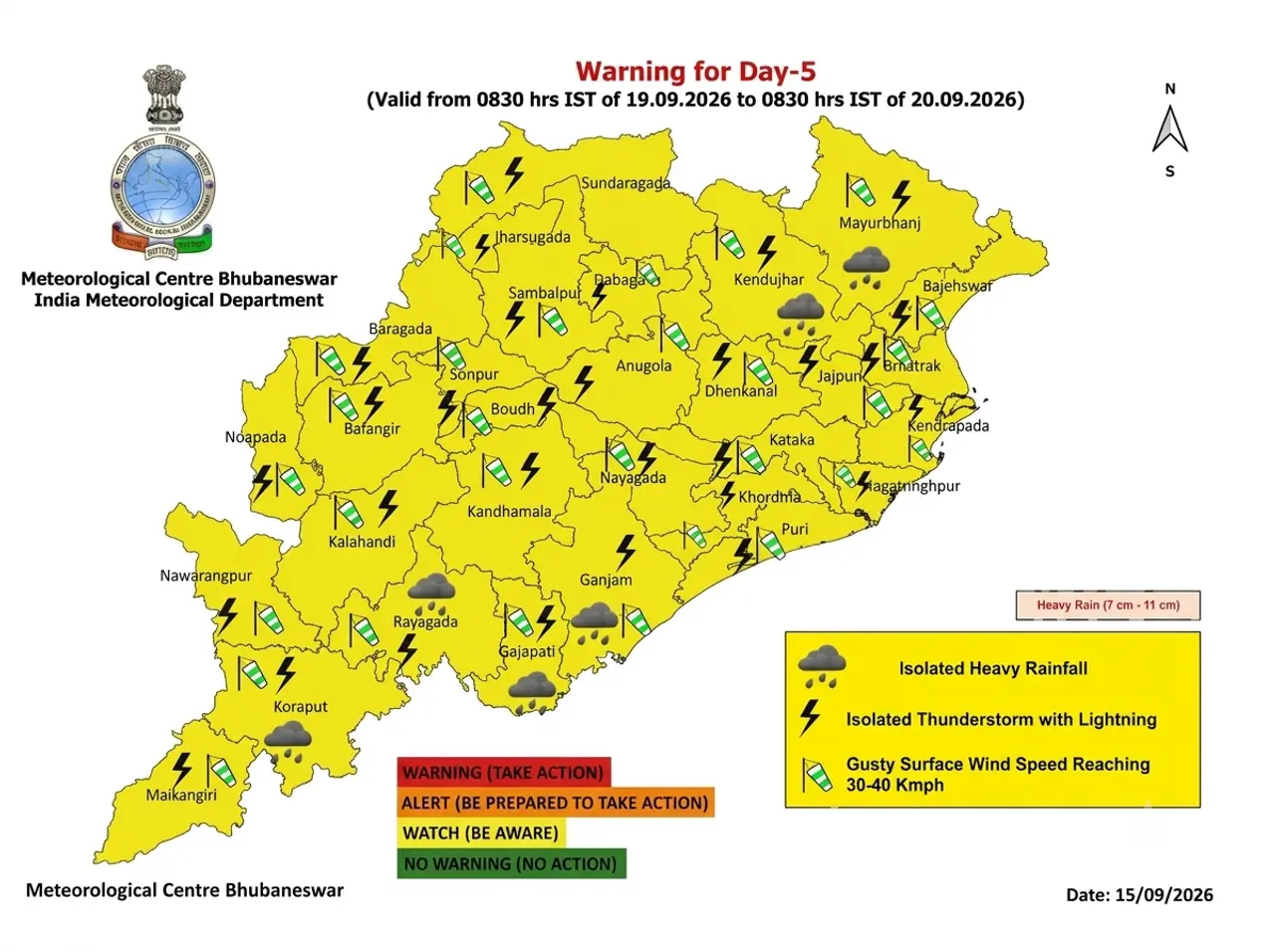 Odisha: Heavy rain alert for 14 districts, yellow warning issued
