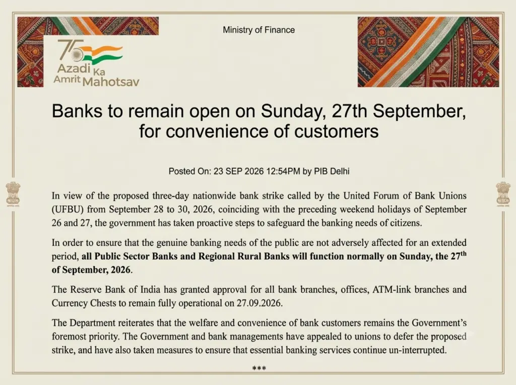 Banks to open on Sunday before three-day strike from Sept 28
