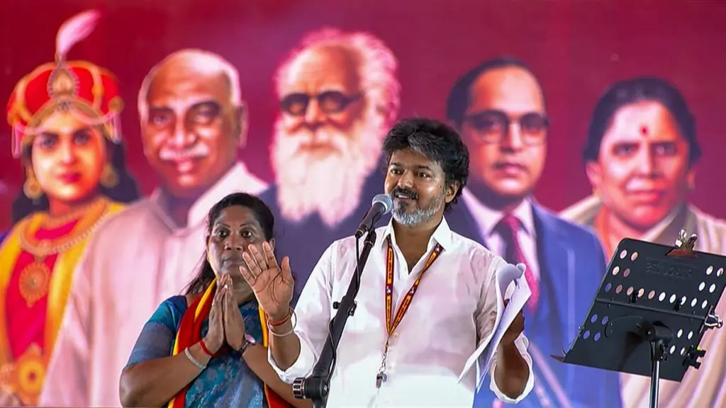 Vijay attacks DMK, AIADMK at Dharapuram bypoll rally
