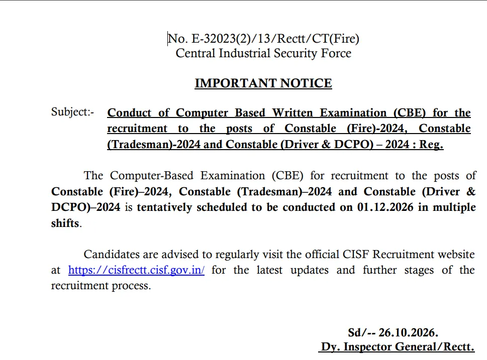 CISF Constable Tradesman Exam Set for 1 December 2026