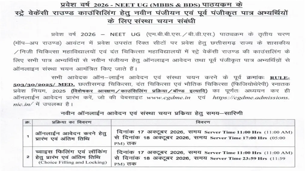 Chhattisgarh NEET UG Round 4 registration opens