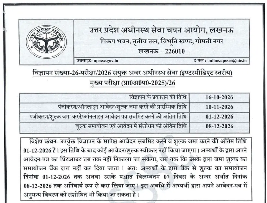 UPSSSC releases notification for 1,784 lower PCS posts