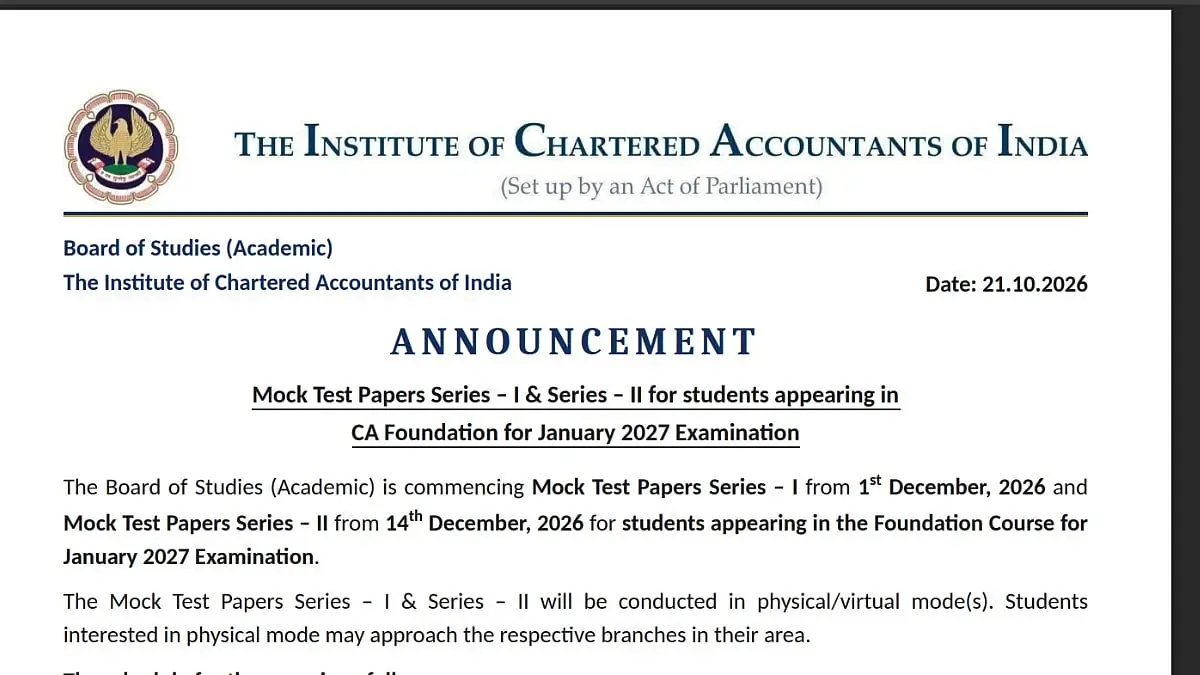 ICAI releases CA Foundation January 2027 mock test schedule
