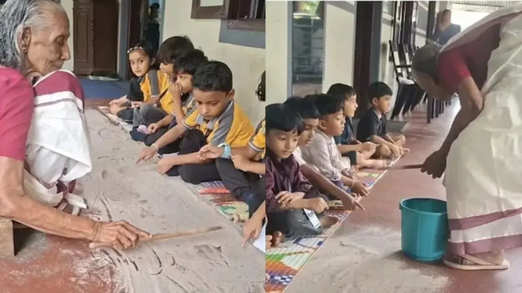 Kerala teacher, 85, teaches children with sand and stick