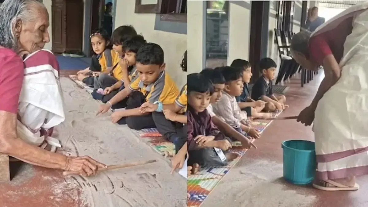 Kerala teacher, 85, teaches children with sand and stick