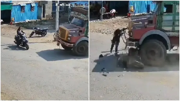 Maharashtra girl clings to truck bumper after scooter hit