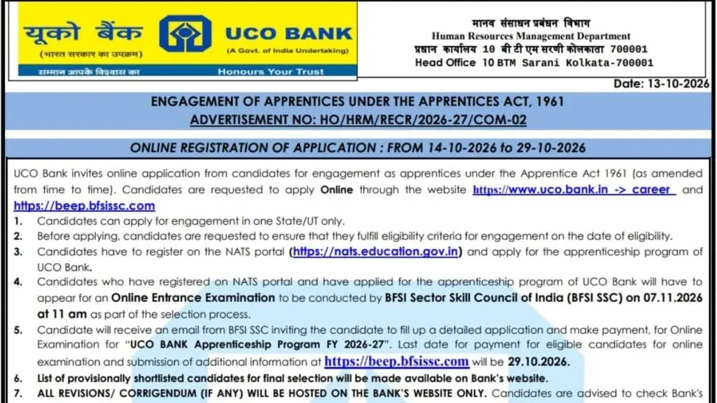 UCO Bank opens 530 apprentice posts with Rs 16,650 monthly stipend