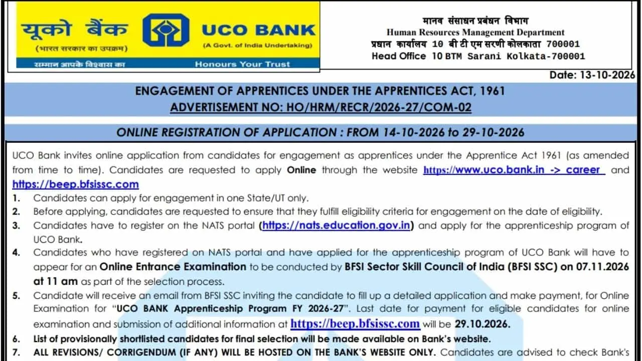 UCO Bank opens 530 apprentice posts with Rs 16,650 monthly stipend